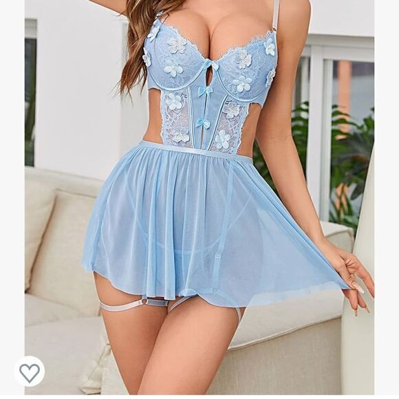 Floral Embroidery Mesh Split Cut Out Lingerie Dress with garter - Picture 2 of 11